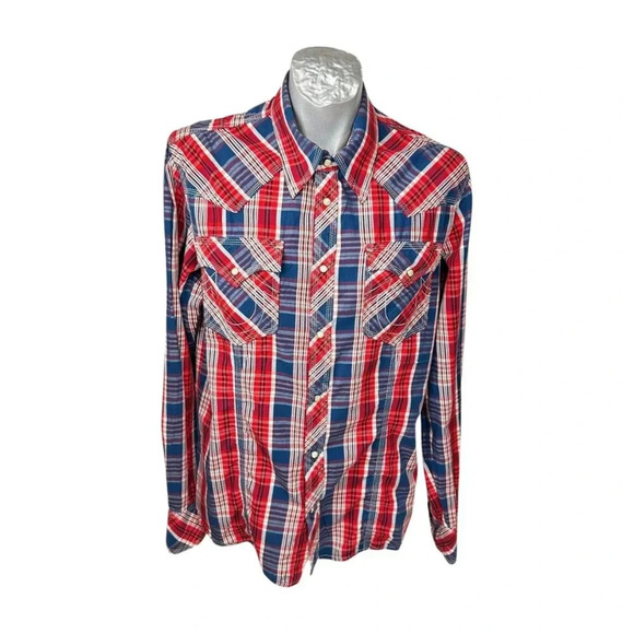 True Religion Mens Shirts Size XXL LS  Western Blue Red White Plaid Pearl - Picture 8 of 9